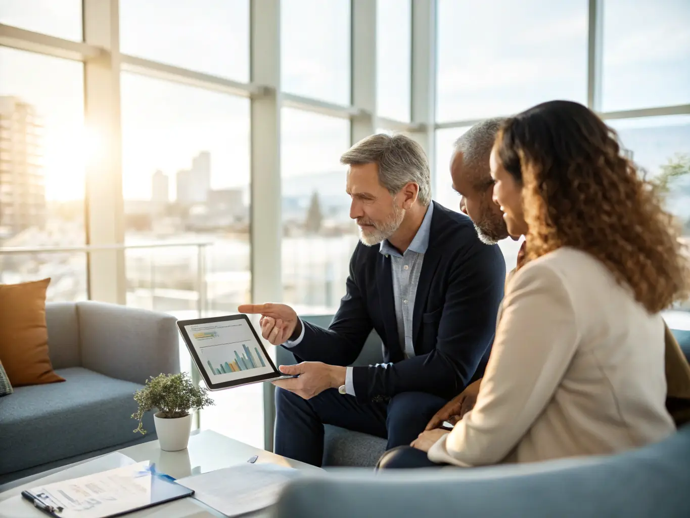An image of a financial advisor explaining investment options to a client in a relaxed setting, with a focus on building trust and understanding.