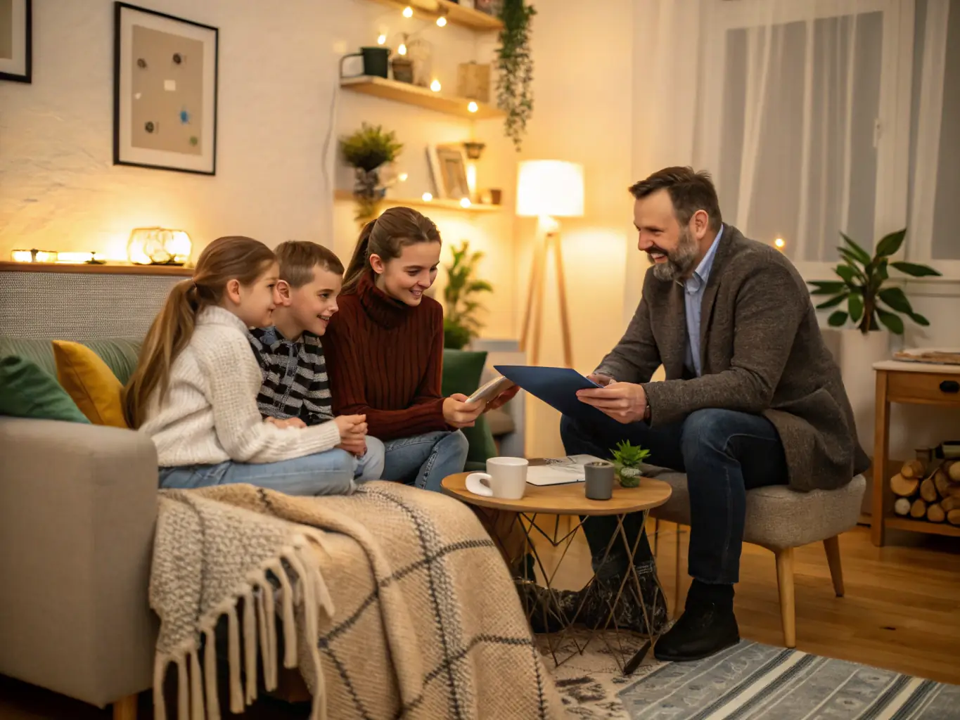 A South African family happily gathered in their home, reviewing their financial plan with a sense of security and optimism, showcasing the benefits of long-term financial planning.