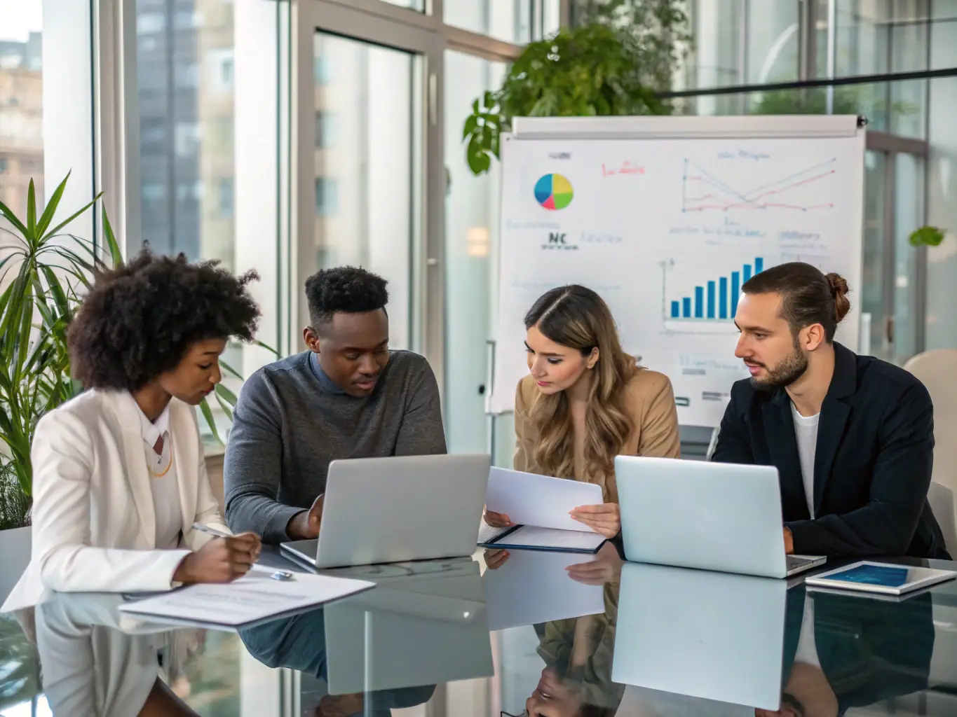 A diverse group of South African professionals collaborating around a table, discussing financial strategies and investment opportunities, with a focus on teamwork and innovation.
