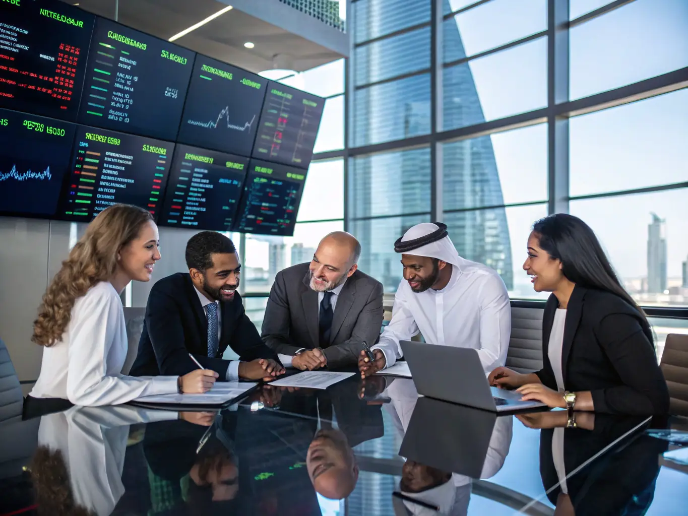 An image of a diverse group of South African professionals collaborating on investment strategies in a modern office, with charts and graphs displayed on a large screen.