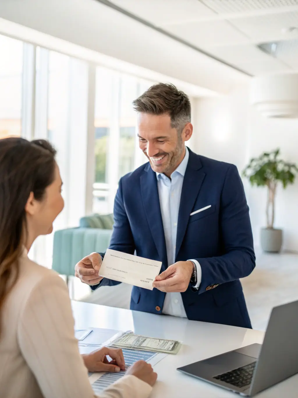 An image of a financial advisor in a modern office, shaking hands with a client, with the Johannesburg skyline visible through the window, symbolizing personalized financial service.