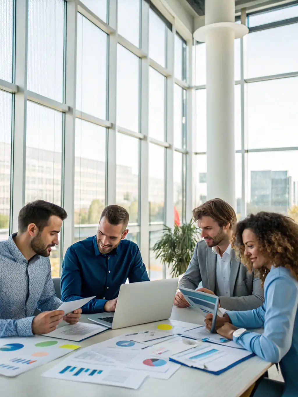 A diverse group of South African professionals collaborating on financial strategies in a bright, modern office, showcasing teamwork and expertise.