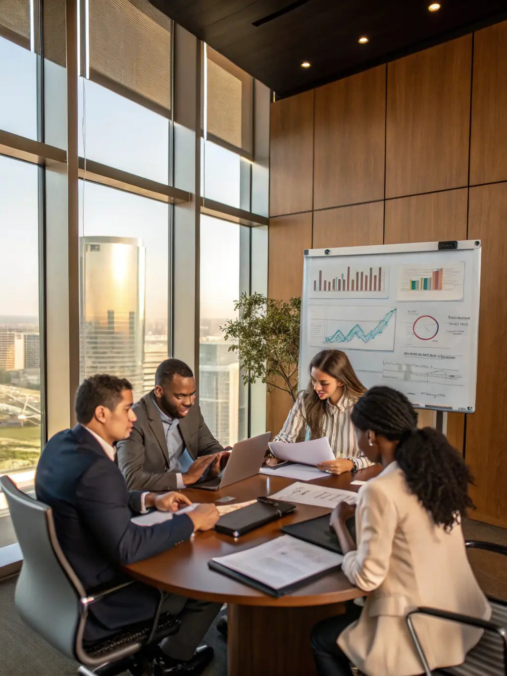 A professional photo of a diverse group of South African investors collaborating on financial strategies in a modern office setting, symbolizing inclusive investment opportunities.